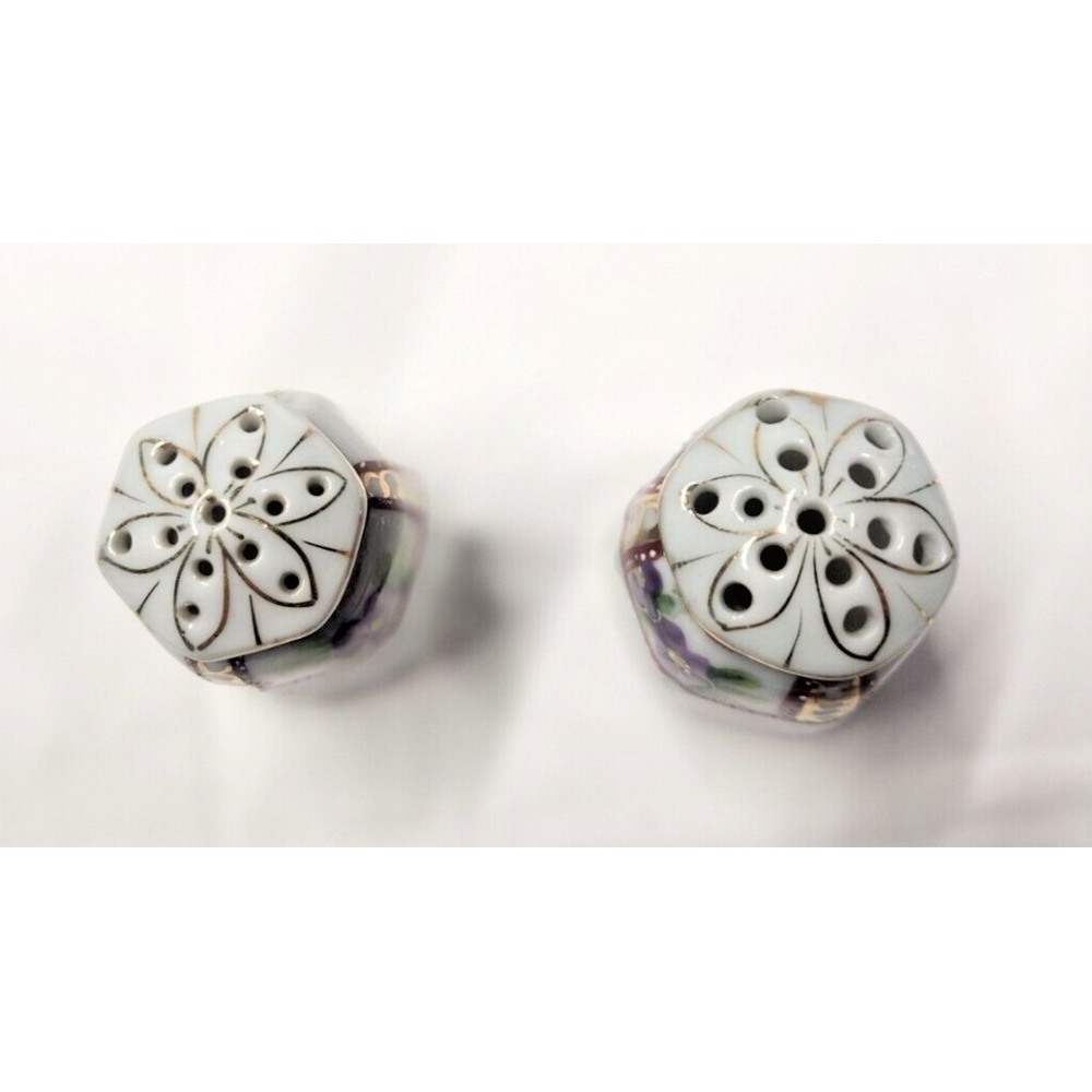 VTG  Moriage Hand Painted Porcelain Salt & Pepper Shakers Violets Floral Hexagon - Picture 3 of 4